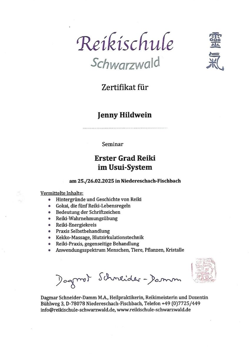 Reiki Urkunde 1. Grad – Jenny